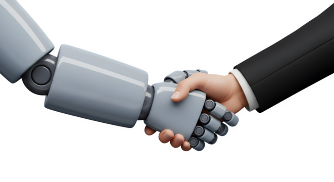 Robot and human handshake 3d rendered isolated on transparent background