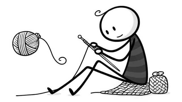 Stickman Knitting with Yarn in a Cozy Scene Isolated on White