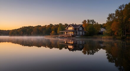 Fototapeta premium Cabin, Lake, Sunrise, Lakeside Cabin at Sunrise