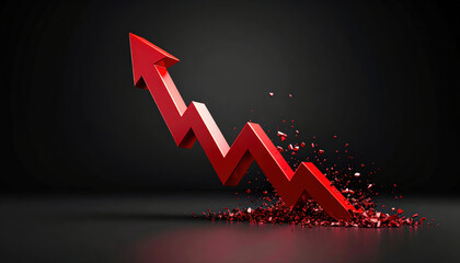Red arrow graph spiking upward with shattered debris on dark background