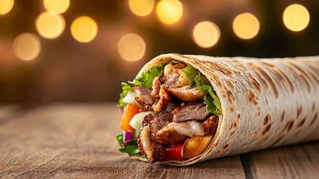 Delicious meat and vegetable wrap on wooden table with warm bokeh background fast food meal