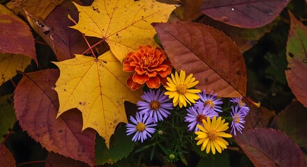 Obraz premium Autumn, Fall, Flowers, Autumn Flowers and Leaves