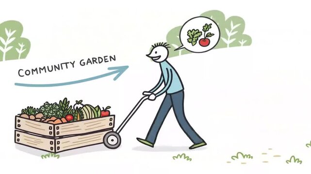 Stickman Pushing Wheelbarrow Full of Vegetables to Community Garden Hand Drawn Illustration Concept for Eco Friendly Agriculture