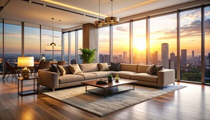 Fototapeta premium Luxury Penthouse Sunset City View Apartment Living Room.