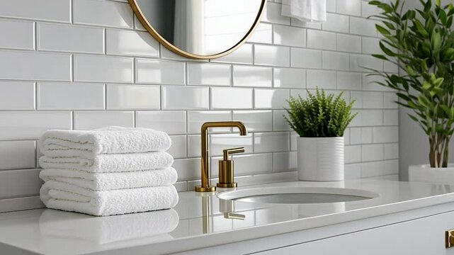 White bathroom vanity with gold fixtures and fresh towels