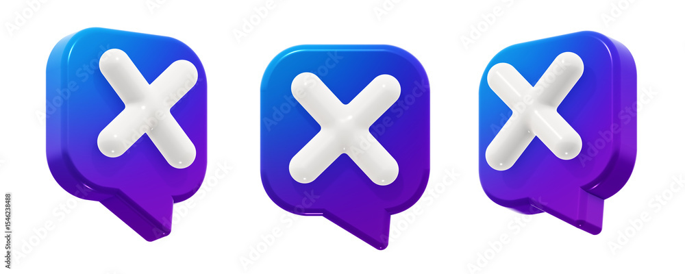Poster modern square decline negative cross speech bubble with a smooth blue-to-purple gradient. 3d render 