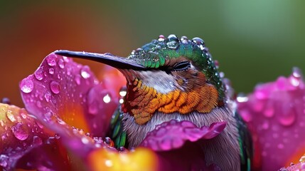 Award winning close up Photograph of a colorful hummingbird asleep inside a flower, raindrops -