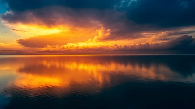 Golden sunset reflected on still water
