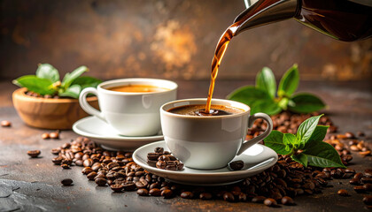 Two cups of coffee with beans and leaves, coffee being poured, warm and inviting ambiance