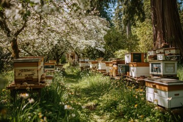 Busy beekeeping setup features hives nestled among blossoming trees on a bright spring day, surrounded by vibrant greenery