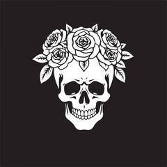 Fototapeta premium A modern flat design, classic black and white vector illustration. A human skull silhouette is crowned with roses and leaves. Bold tattoo-style line art, no shading, frontal composition, minimal back