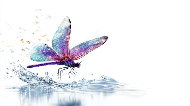 Macro photography of a colorful purple dragonfly flying over the water, fireflies on white background 