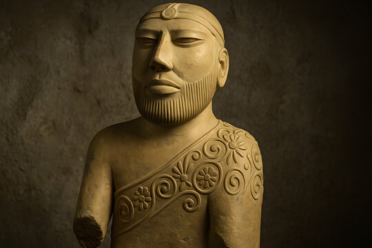 Ancient male sculpture bust, Indus Valley Civilization artifact with carved floral patterns, historical terracotta statue on beige studio background, archaeological relic of lost culture, antique 