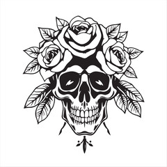 A vector-friendly traditional tattoo art print depicting a classic black and white human skull silhouette crowned with roses and leaves.  The design uses bold black line art, minimal background