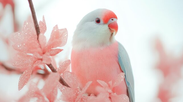 HD Close up Photograph of a Pastel colored bird on a tree with sparkling pink leaves on white background 