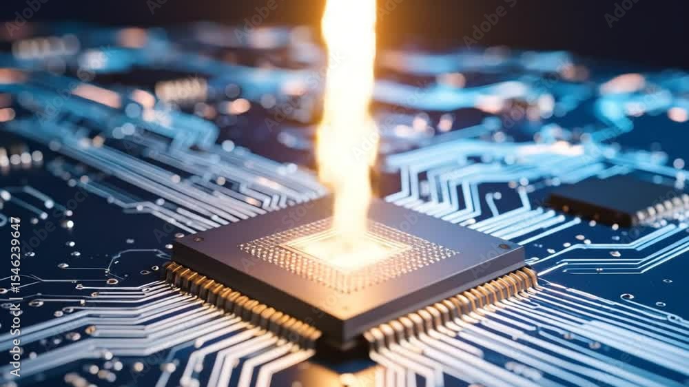 Poster rocket launch from a computer chip symbolizes rapid technological advancement and innovation