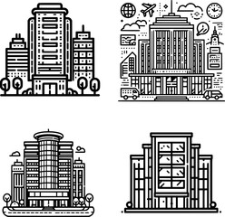 set of minimalist black and white office building icon in clean line art style.