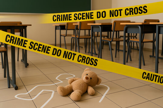 Crime scene in classroom with teddy bear, chalk outline body figure on tiled floor, yellow warning tape barrier, educational violence concept, symbolic child victim representation, investigation setup