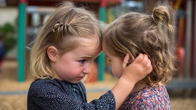 Little girl comforting her crying friend at school, gentle touch, natural empathy and compassion in action, warm playground background, ultra-realistic, no text, no watermark 