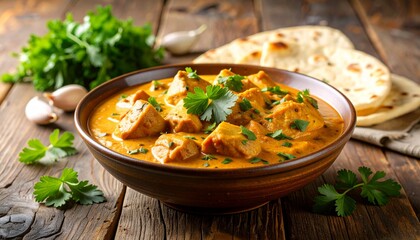 Rich Butter Chicken Curry Served with Garlic Naan on Rustic Table