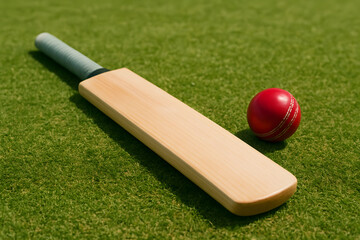 Cricket bat and red ball on green grass, wooden sports equipment close up, outdoor stadium pitch surface, summer training background, professional game gear concept, batting practice scene detail


