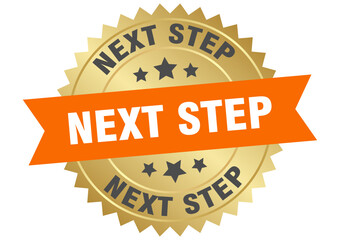 next step. next step round orange and gold label isolated on transparent background