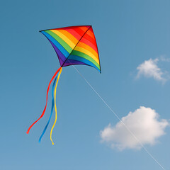 Rainbow kite flying in blue sky, colorful diamond shape with long tail streamers, children outdoor activity concept, playful wind toy motion, happy summer freedom leisure background, clear cloud view