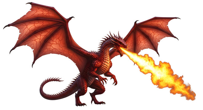 Red dragon breathing fire, 3d rendered isolated on transparent background