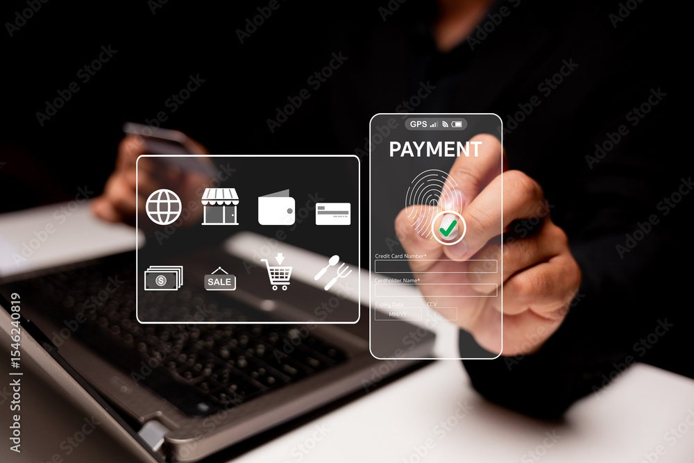 Poster a person completes an online payment using a fingerprint scanner and digital interface on a laptop, 