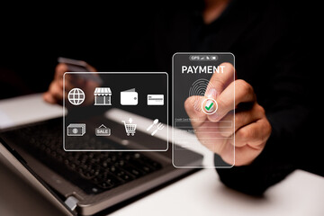 A person completes an online payment using a fingerprint scanner and digital interface on a laptop, highlighting secure and contactless e-commerce technology.