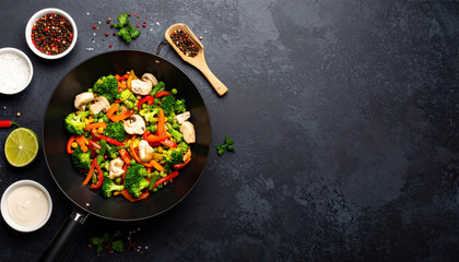 Stir fried vegetables in wok with vibrant colors and fresh ingredients on dark background