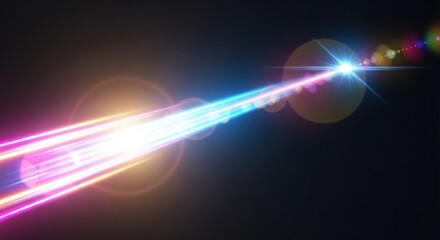 Multicolored light streaks with lens flares against a dark background.