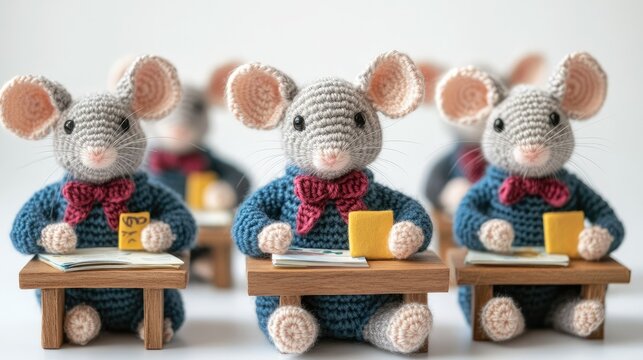 Classroom of adorable crochet mice wearing school uniforms sitting at school desks on white background 