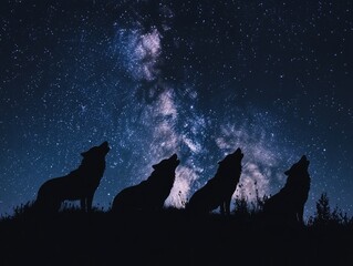 award-winning photo of a pack of wolves howling under a starry night sky