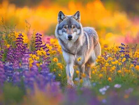 award-winning photo of a gray wolf walking through a meadow filled with wildflowers, 