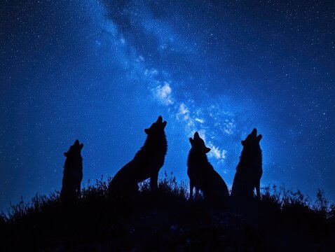 award-winning photo of a pack of wolves howling under a starry night sky