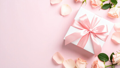 Gift box with pink ribbon and rose petals on pastel background, romantic and elegant