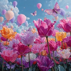 Vibrant tulip field with flying butterflies and colorful hot air balloons under sunny blue sky in magical spring fantasy illustration