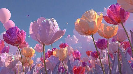 Dreamy blooming tulip field in soft pastel colors under blue sky with floating balloons and butterflies in romantic spring landscape.