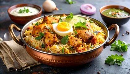 Traditional Chicken Biryani in Copper Bowl with Egg Raita and Cucumber Salad