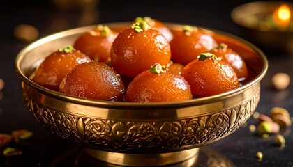 Close Up of Gulab Jamuns in Sugar Syrup with Pistachios in Brass Bowl