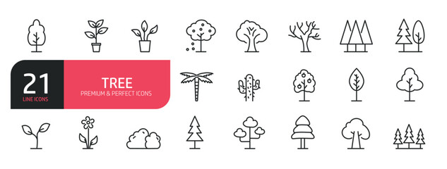 Set of line icons related to tree, plants, nature, forest. Outline icons collection. Editable stroke. Vector illustration