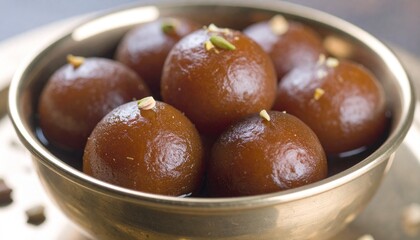 Soft Gulab Jamuns in Syrup with Pistachio Topping in Brass Bowl