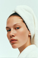 Close-up of woman with clean skin and white towel wrapped on head