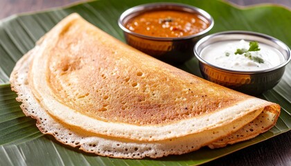 Crispy Masala Dosa with Coconut Chutney and Sambar on Banana Leaf
