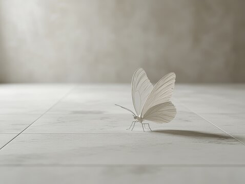 Minimalist, an abstract white butterfly, light grey microcement floor, low saturation cool white background