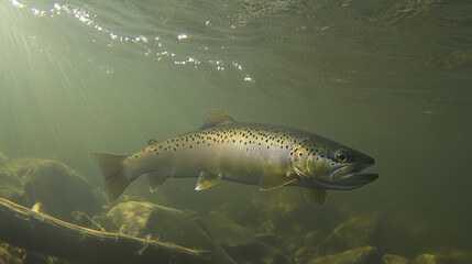 Trout gliding in a clear river, sunlight piercing the water&mdash;a tranquil underwater world.