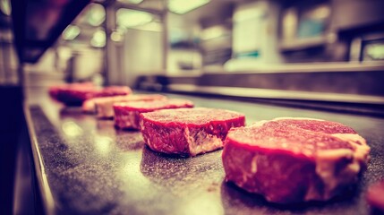 Raw ribeye steak cuts on metal surface, close-up view of marbled beef for premium cooking