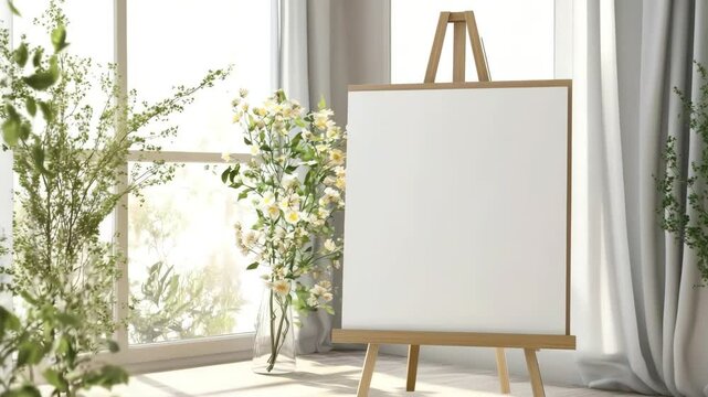 Wooden easel with blank canvas standing in bright room with flowers