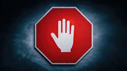 Red octagonal stop sign with hand symbol on dark background